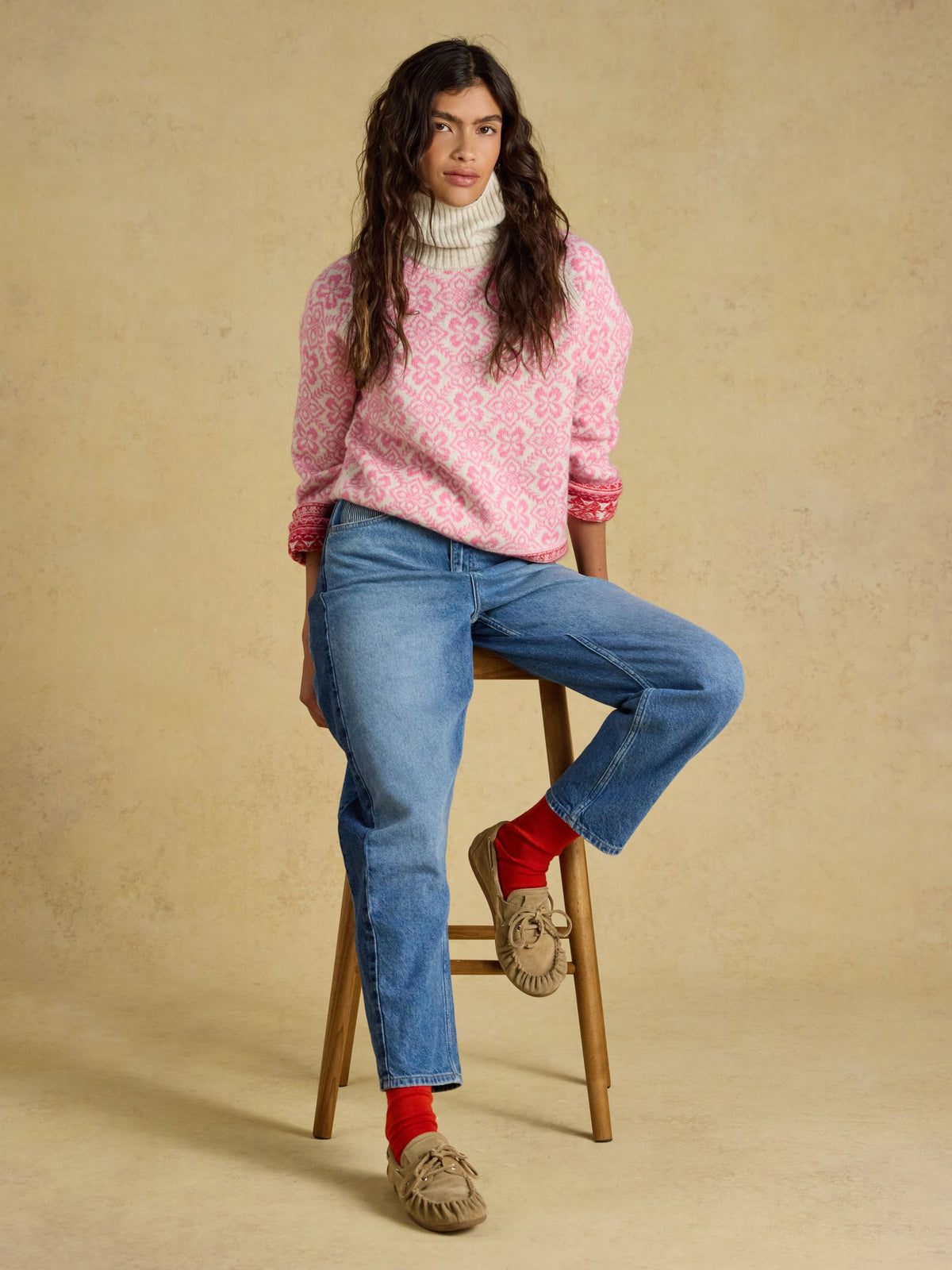 Joules Women's Pink Fair Isle Patterned Knitted Jumper with Detachable Roll Neck & Cozy Fit