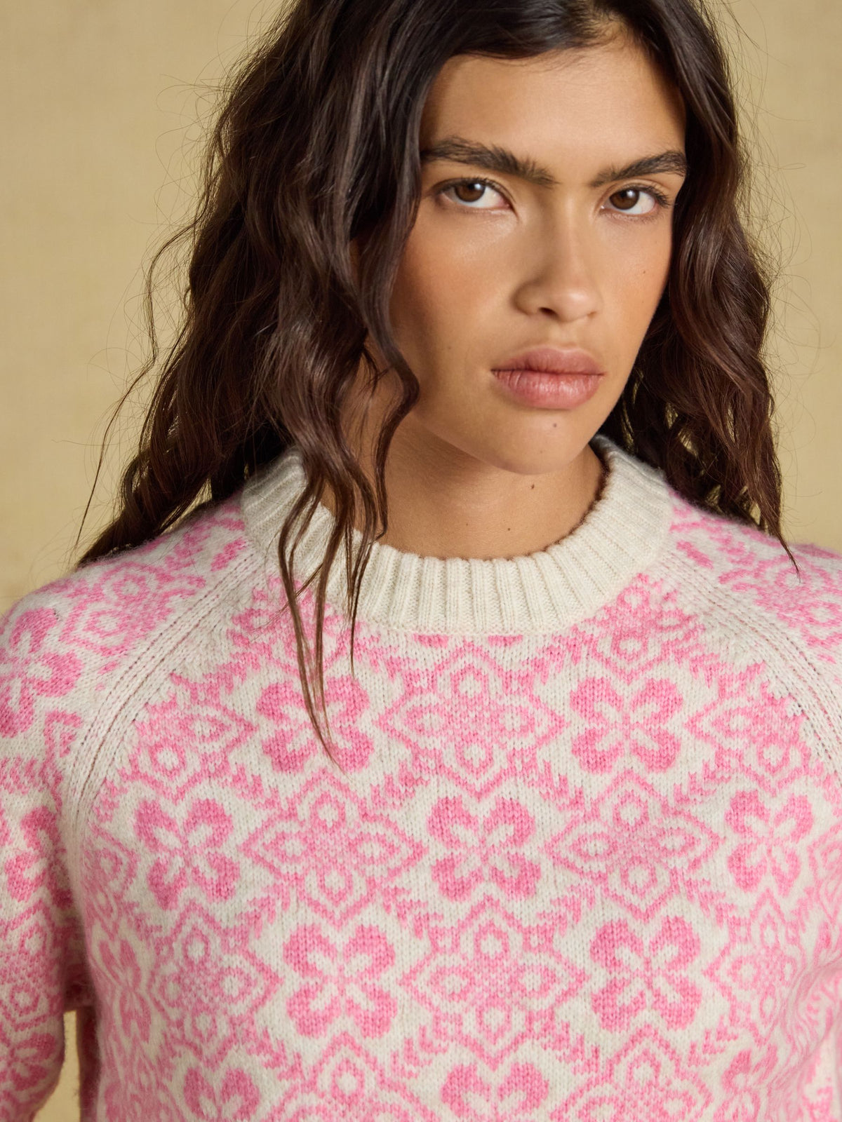Women's Joules Pink Patterned Knitted Jumper with Detachable Roll Neck