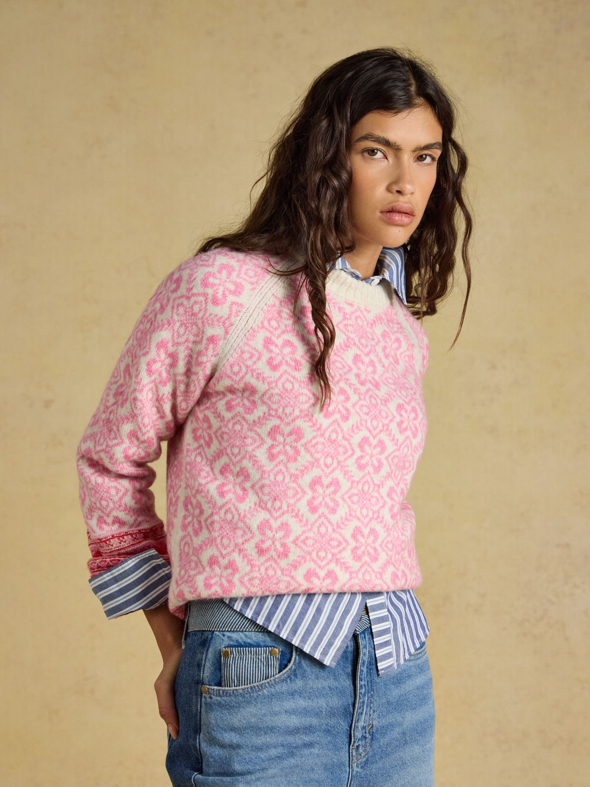 Women's pink fair isle jumper, cozy Nordic knit sweater with crew neck and raglan sleeves, sustainable fashion.