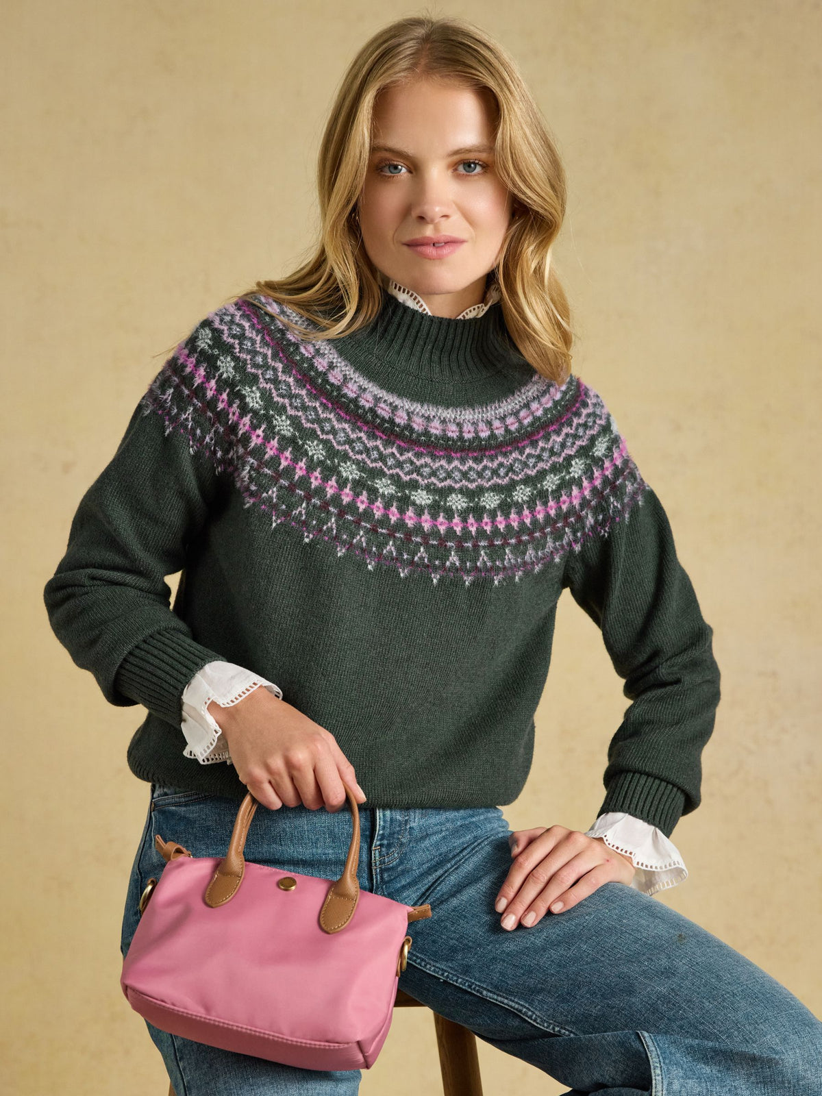 Women's Joules Green Fair Isle High Neck Jumper