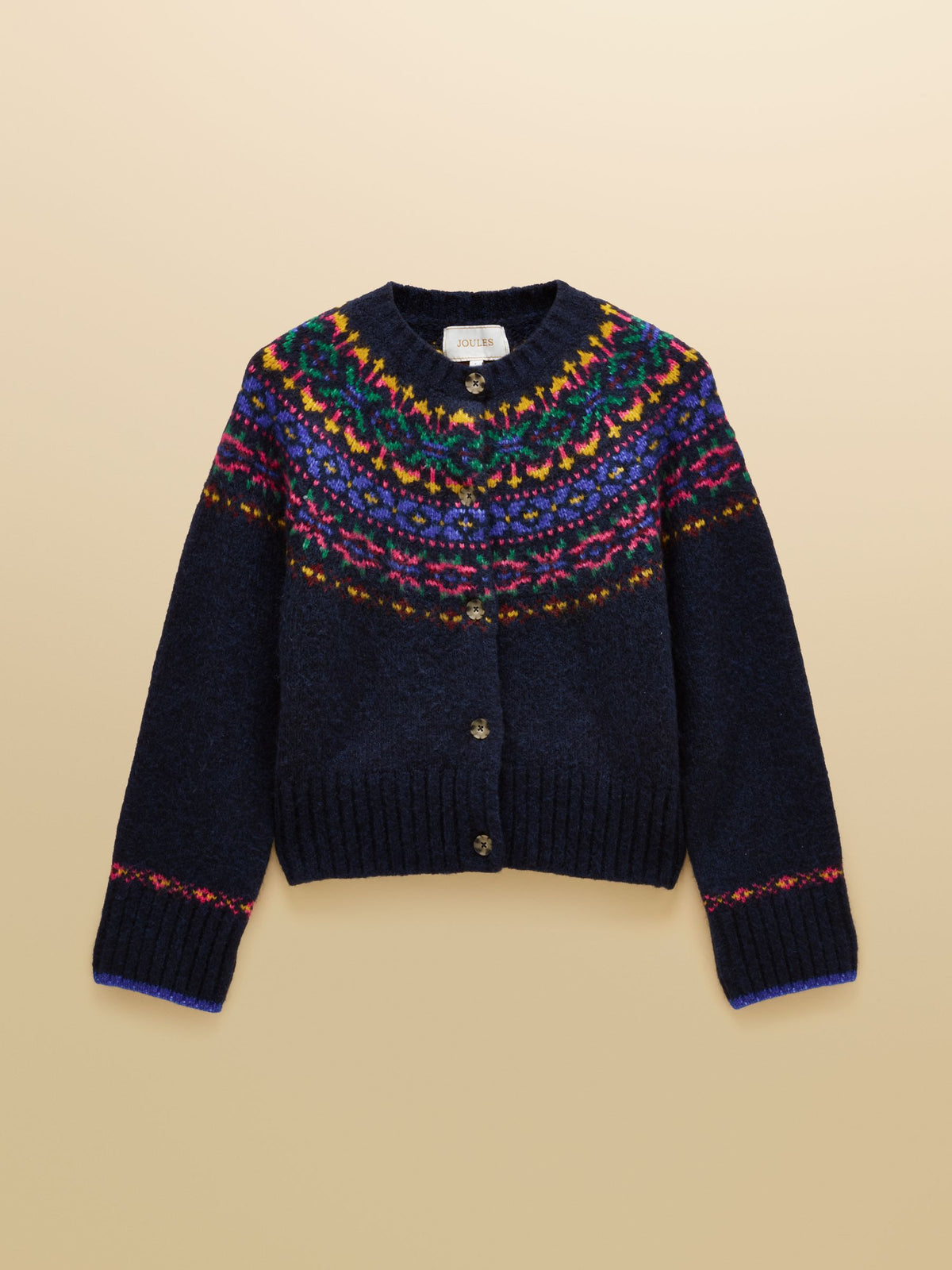 Joules Women's Navy Wool Blend Fair Isle Pattern Cardigan with Crew Neck and Button Front