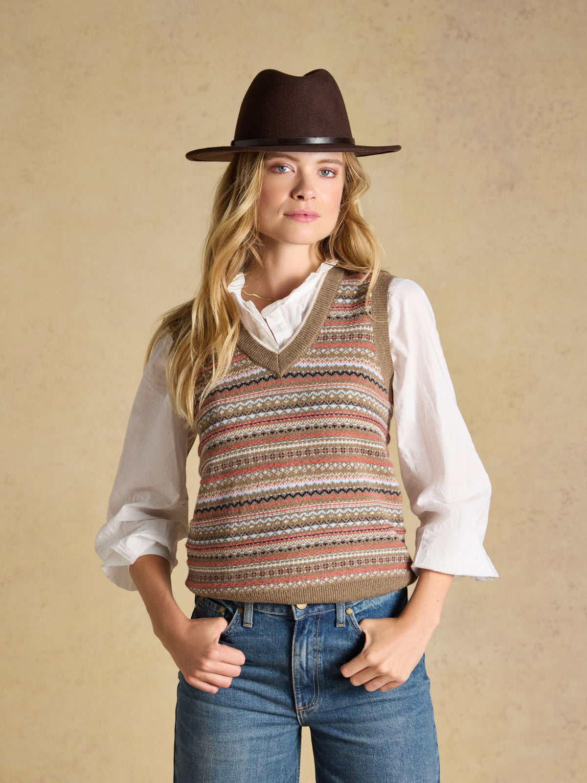 Women's Joules tan brown vintage Fair Isle V-neck knitted vest with relaxed fit