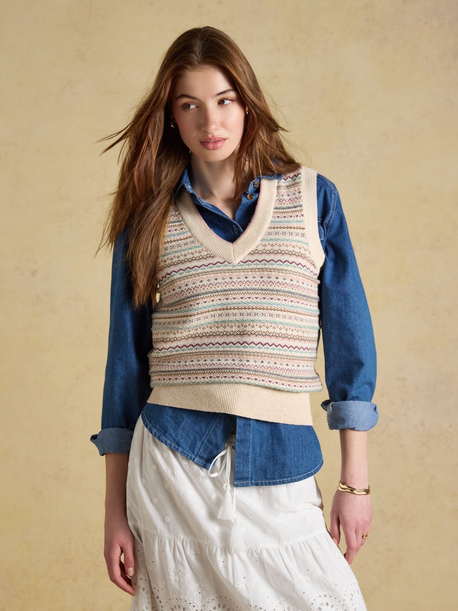 Joules Cotton Rich Fair Isle V-Neck Knitted Vest Oat