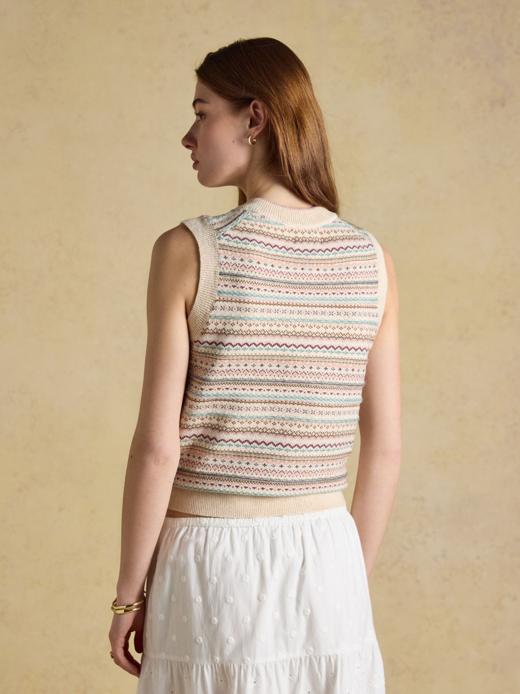 Joules Cotton Rich Fair Isle V-Neck Knitted Vest Oat