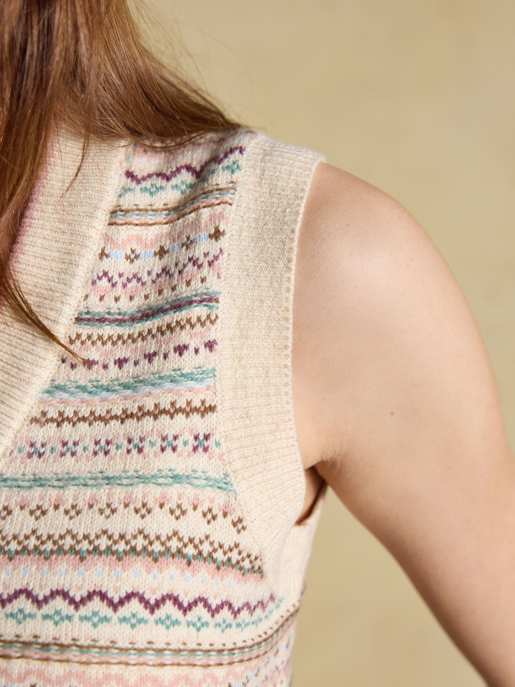 Joules Cotton Rich Fair Isle V-Neck Knitted Vest Oat