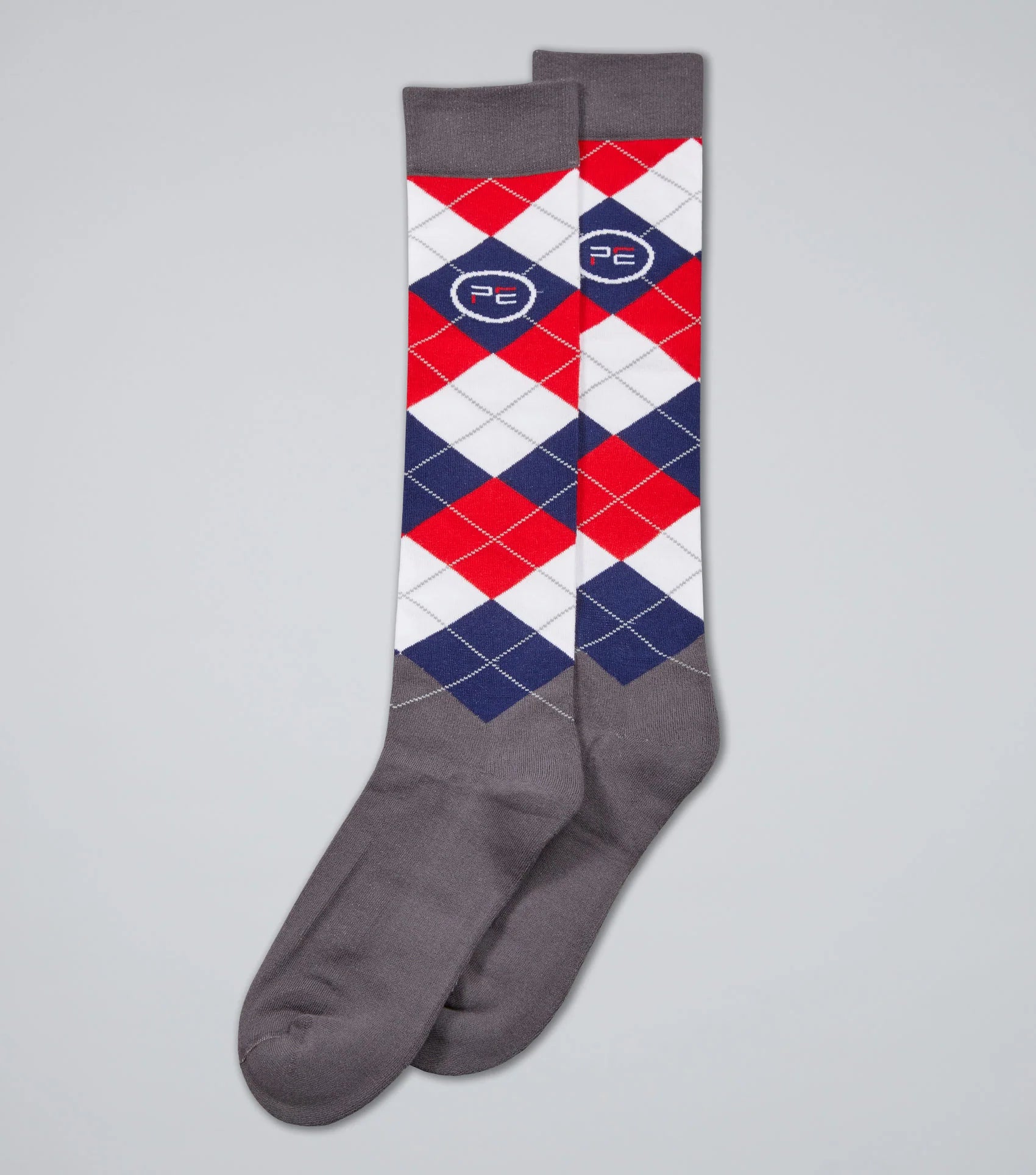 Premier Equine Classic Check Equestrian Socks - Red, White, Blue Argyle Design. Stylish Riding Apparel.