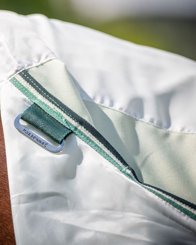 HORSEWARE Rambo Hoody Horse Rug: Ultimate Fly & UV Protection - Chalk/Hunter Green Detail