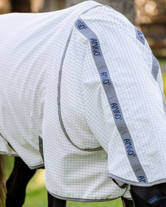 Horseware Amigo Summer Sheet Plus: Lightweight, UV protective horse blanket in navy check with titanium grey trim. Equiflair.