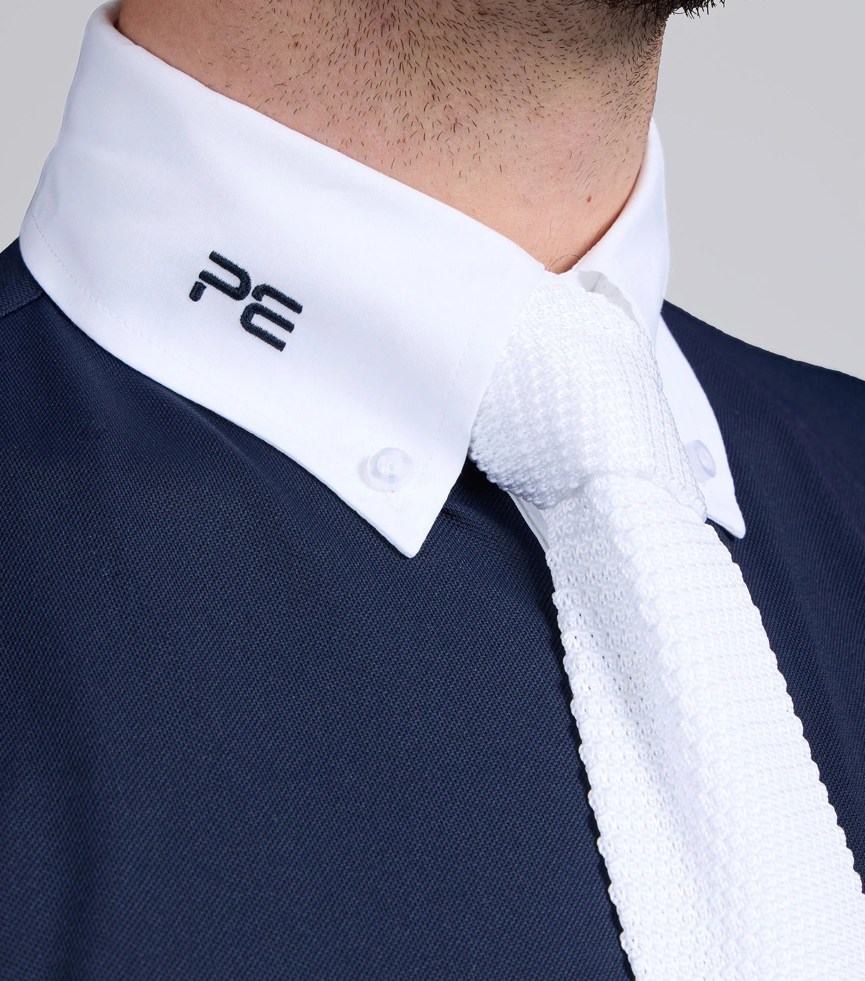 Premier Equine Antonio Men's Navy Show Shirt: Short Sleeve Competition Top with White Collar & Tie