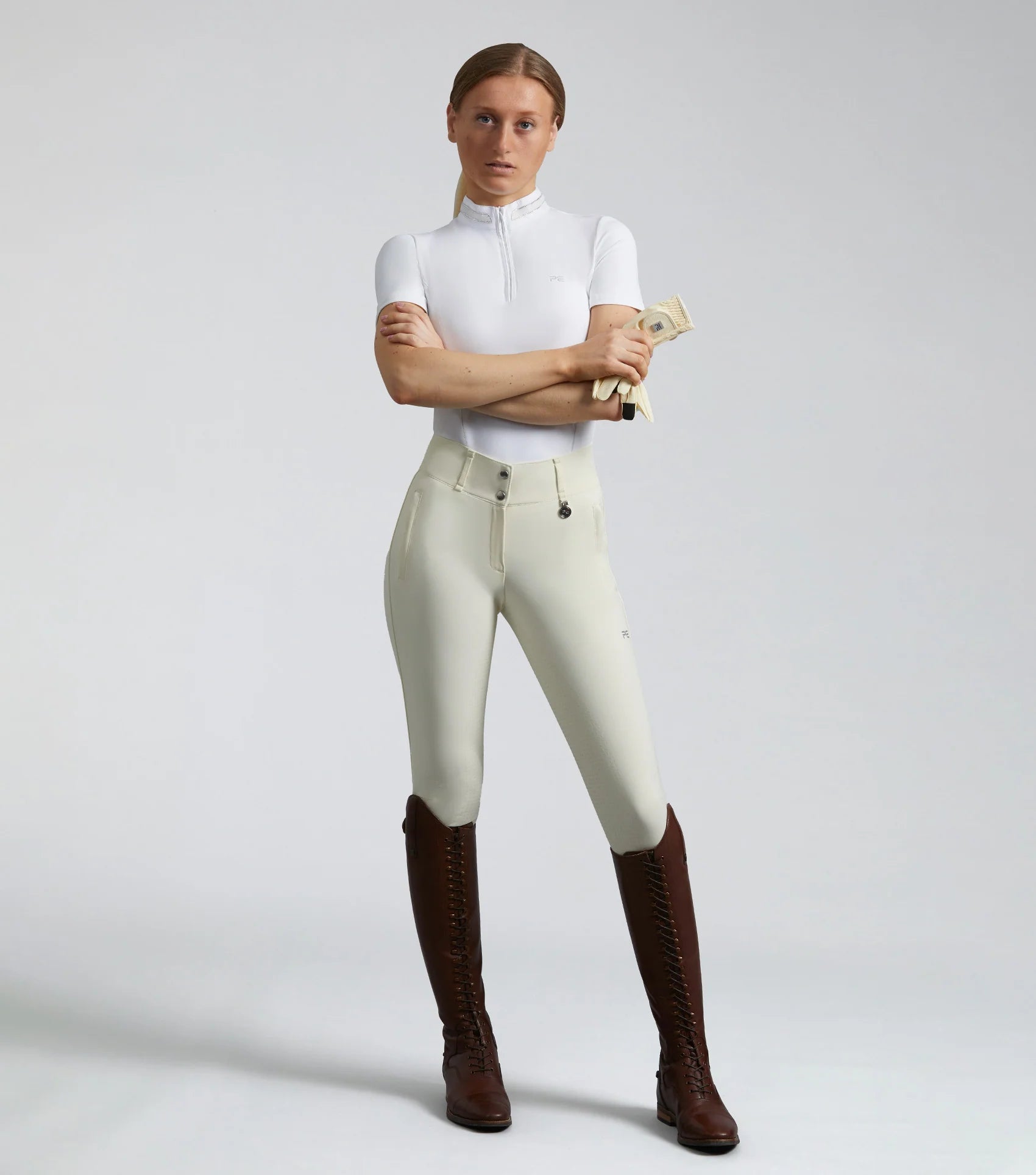 Premier Equine Aradina White Competition Riding Breeches: Full Seat Gel, Ladies Equestrian Apparel