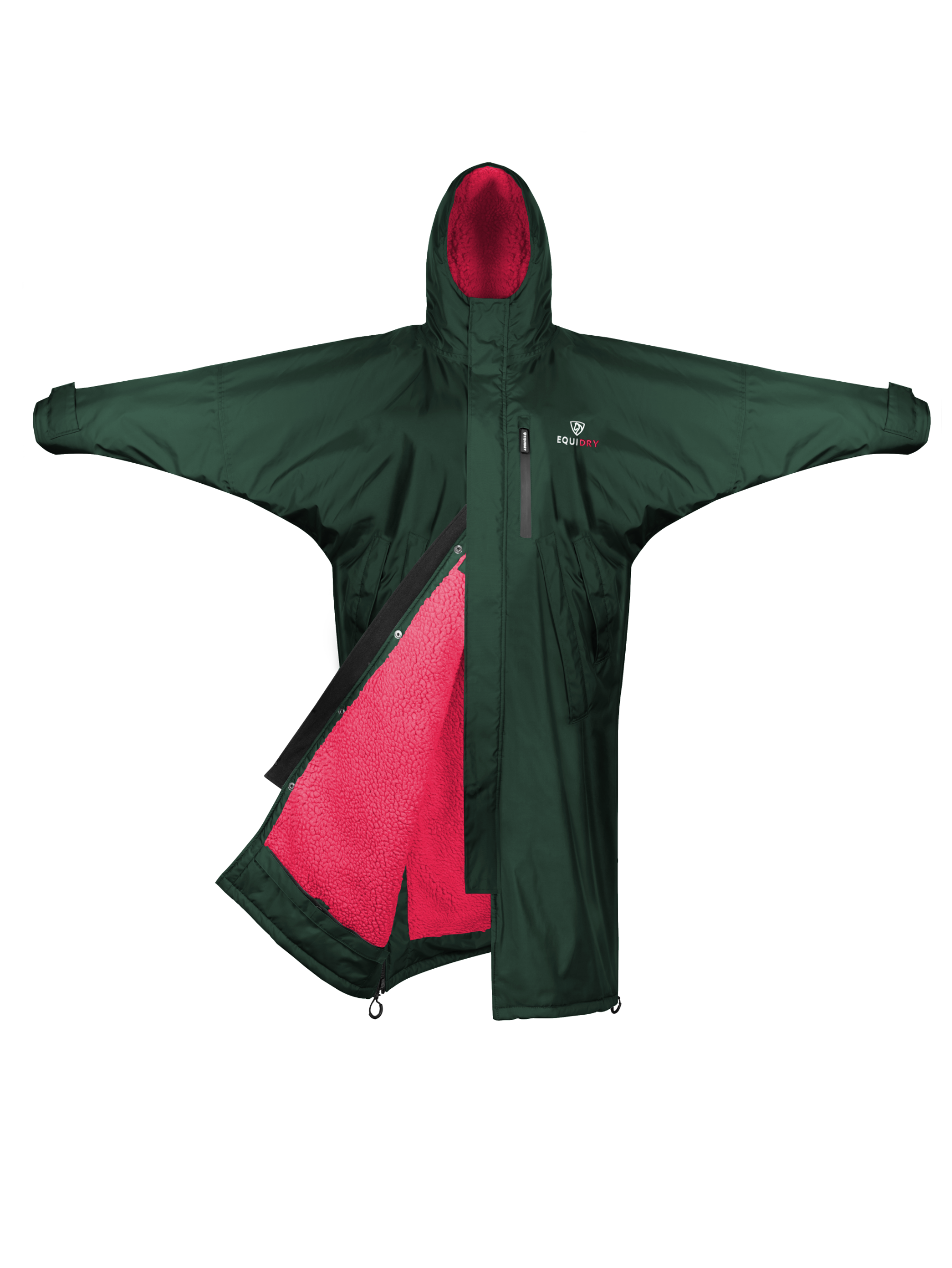 EQUIDRY Women's Waterproof Horse Riding Coat: Fleece Lined, Black Forest Green/Peacock Pink