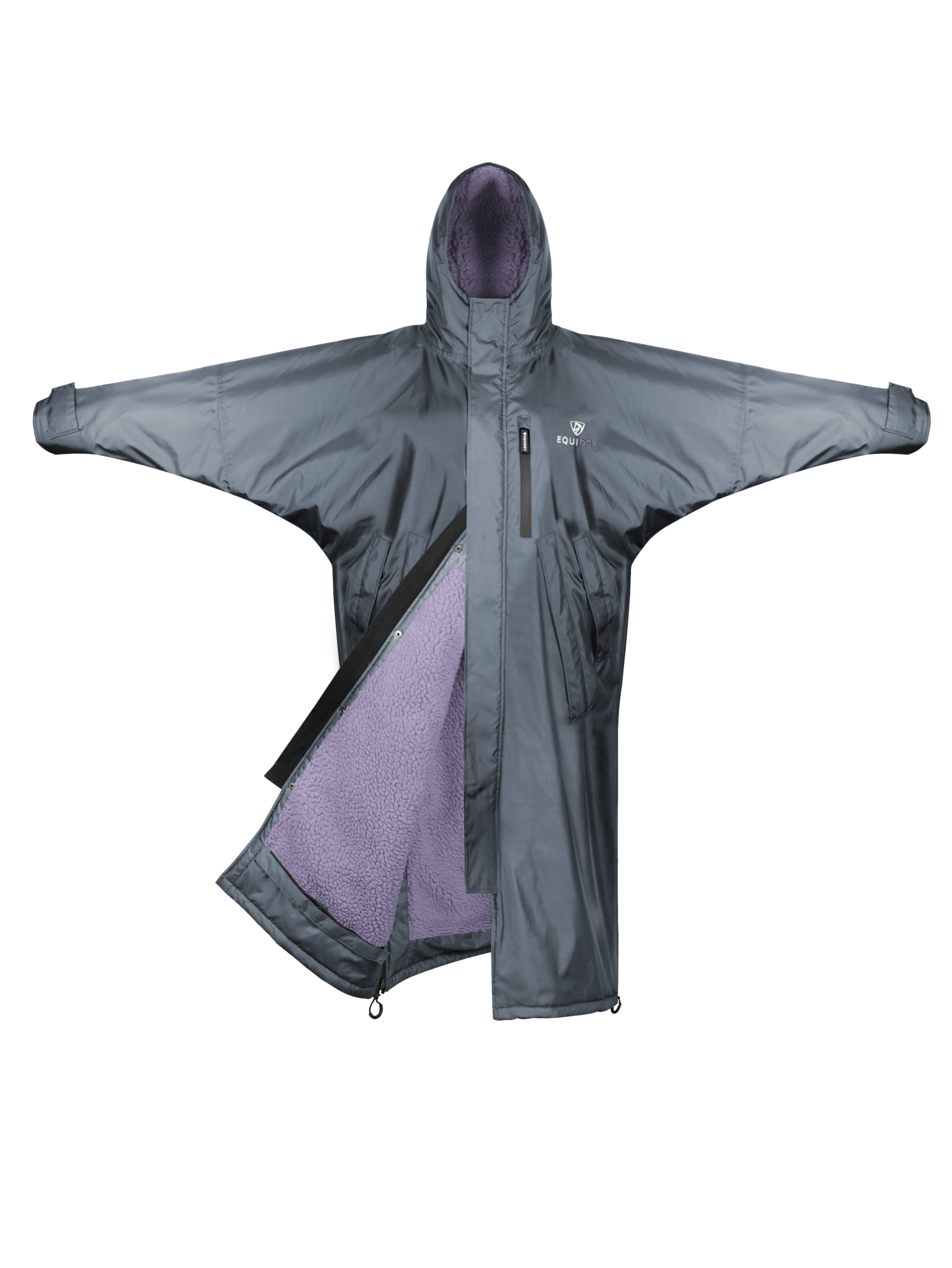 EQUIDRY Women's Waterproof Fleece Riding Coat - Charcoal/Lilac Oversized Long Coat with Hood
