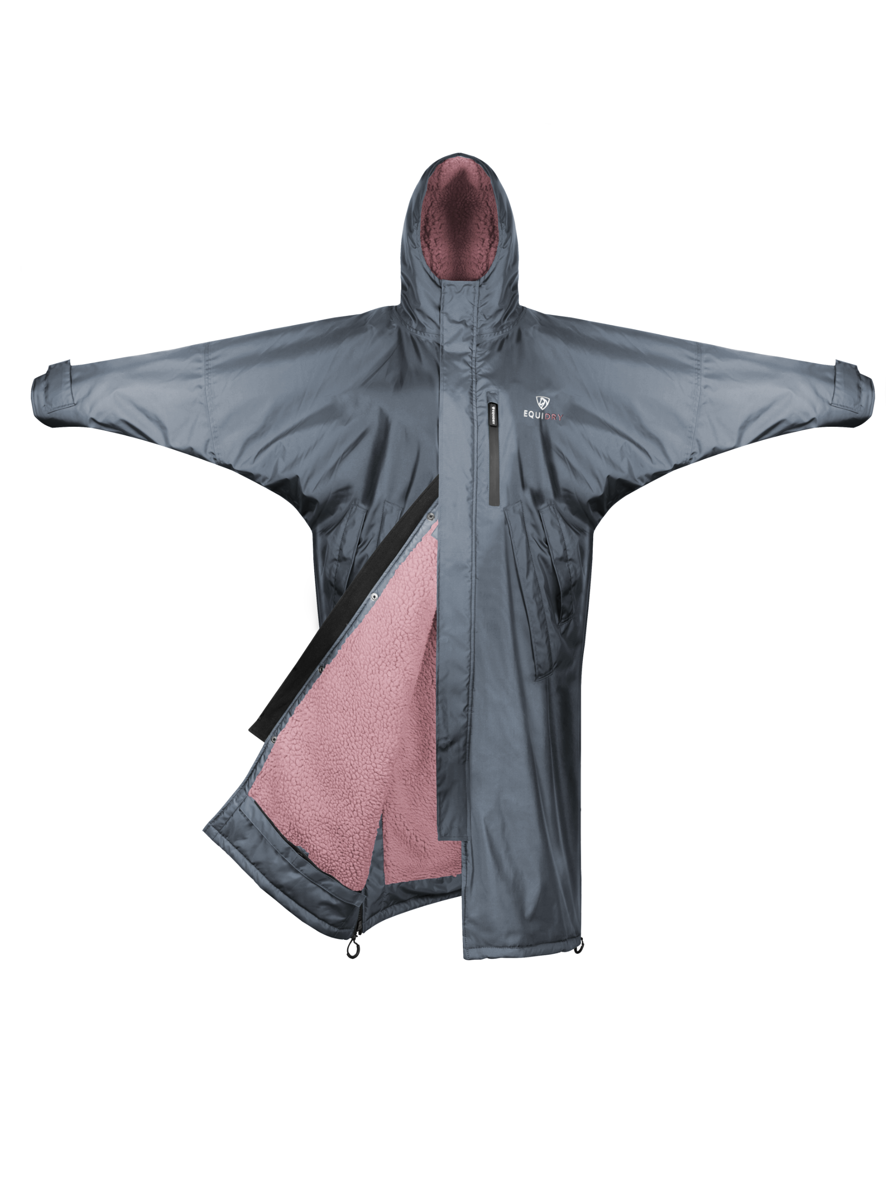 EQUIDRY women's long waterproof horse riding coat in Charcoal/Pale Pink