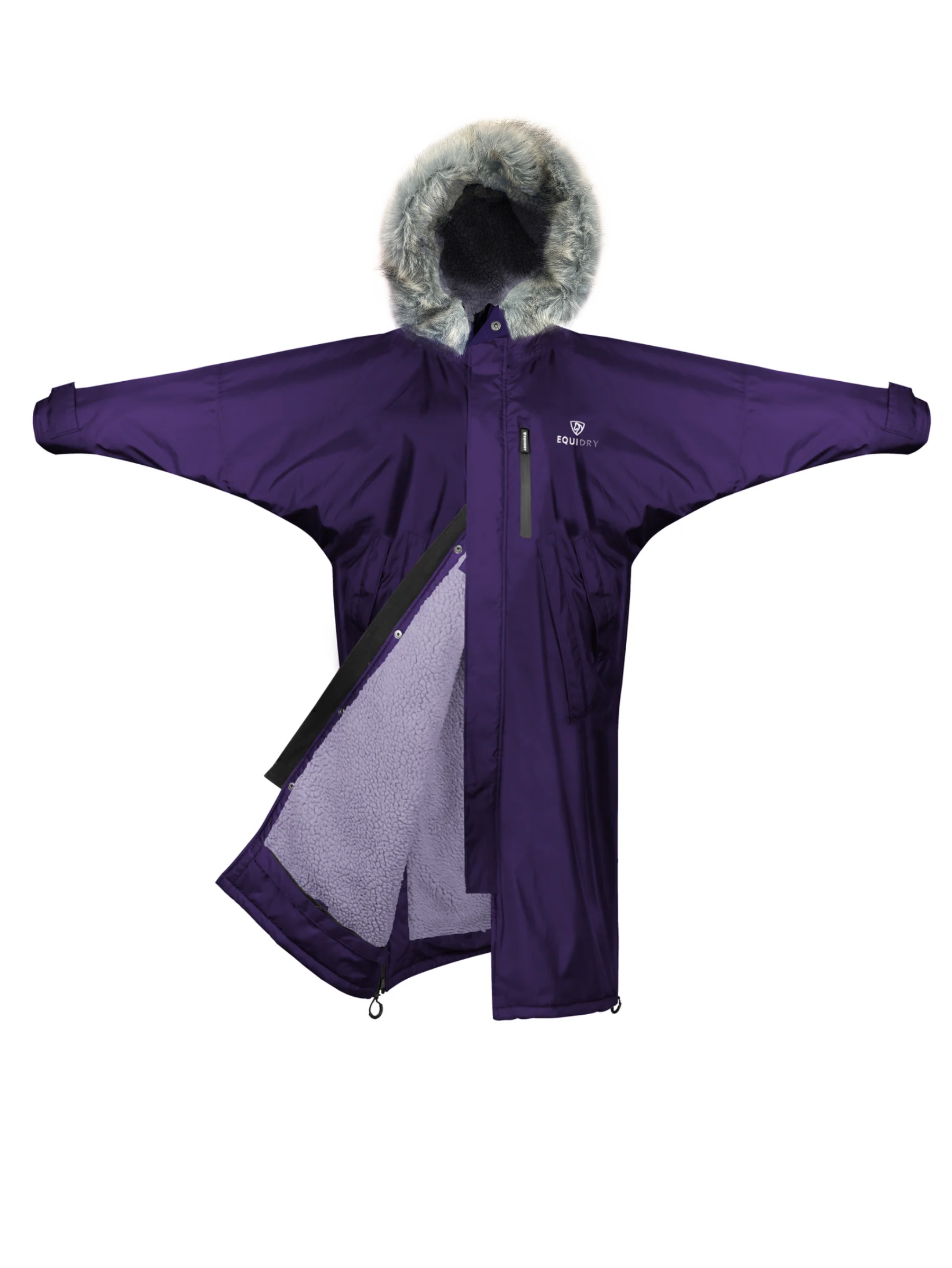 EQUIDRY Evolution Lux Women's Warm Waterproof Winter Horse Riding Coat Thick Fleece Lining with Faux Fur Trim Hood purple