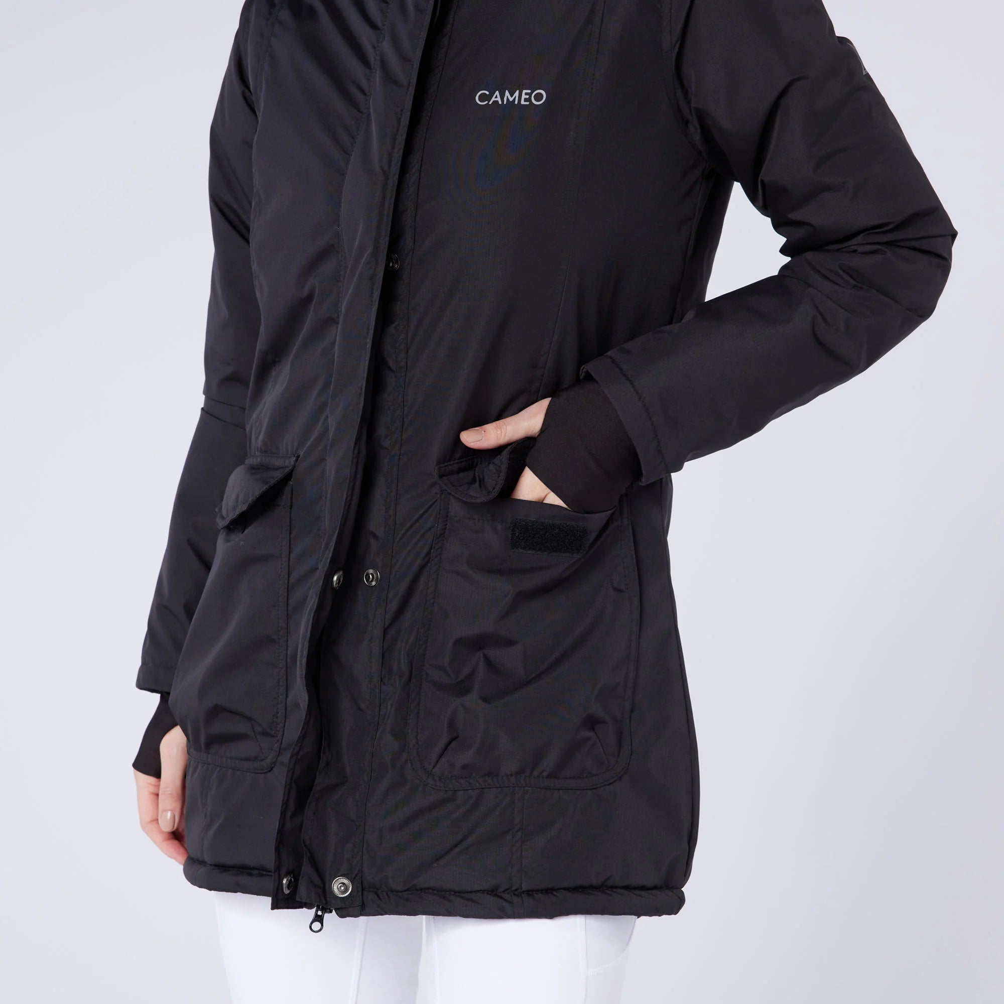 CAMEO Ventus Black Riding Jacket: Quilted, Vented, Hooded. Warm & Comfortable. Equiflair Riding Apparel.