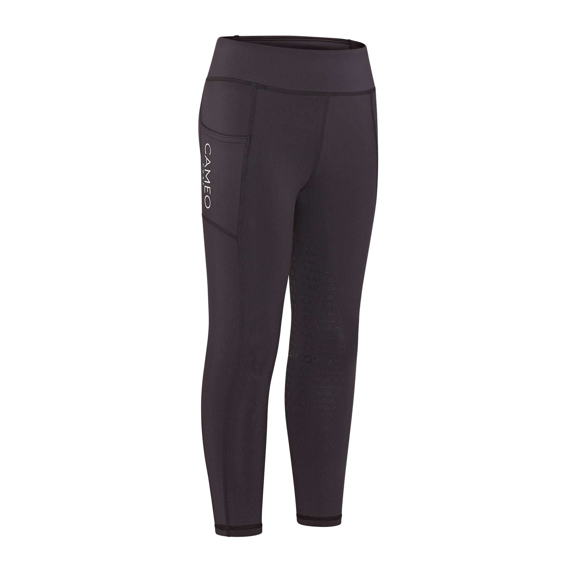 Cameo Junior Core Riding Tights: Childs Black Equestrian Leggings with Knee Grip & Phone Pocket.