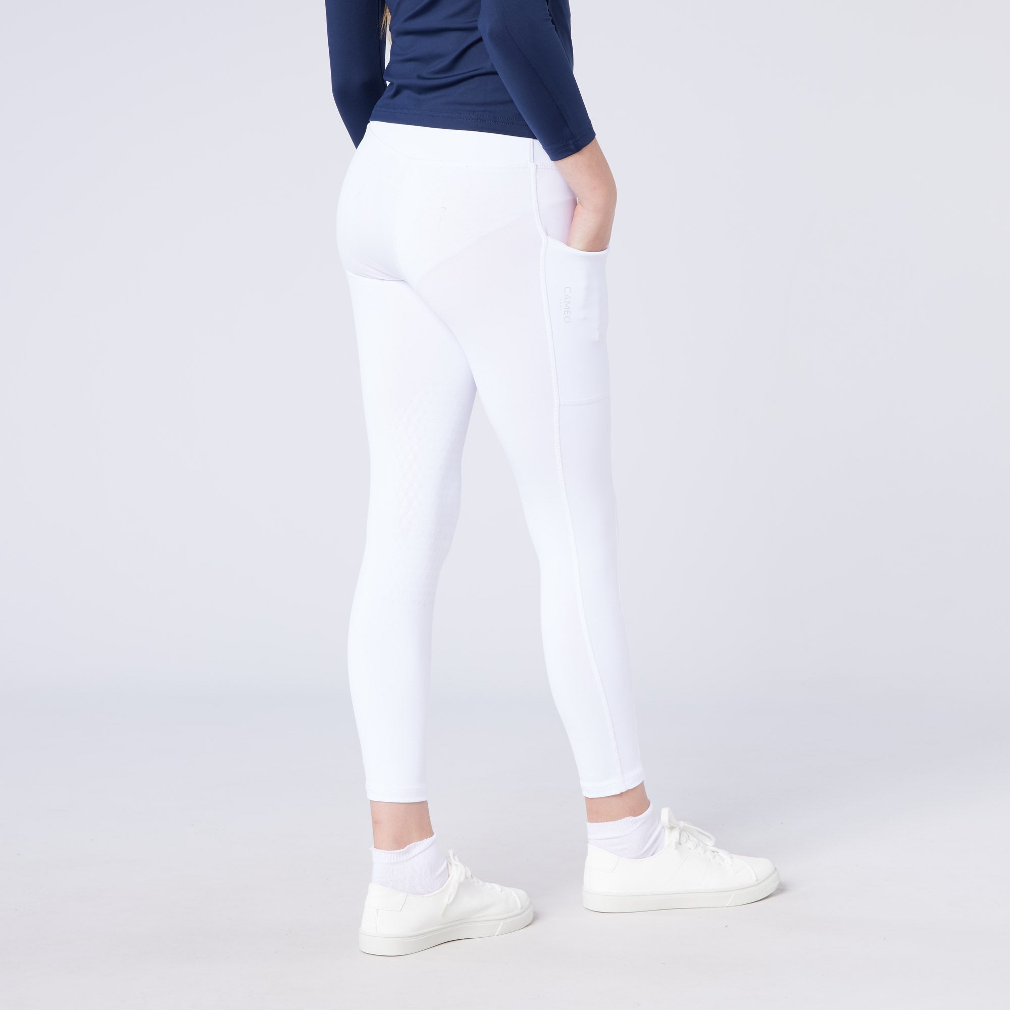 CAMEO Junior White Riding Tights - Childrens Equestrian Apparel, CameoGrip Knee, Pocket - Equiflair