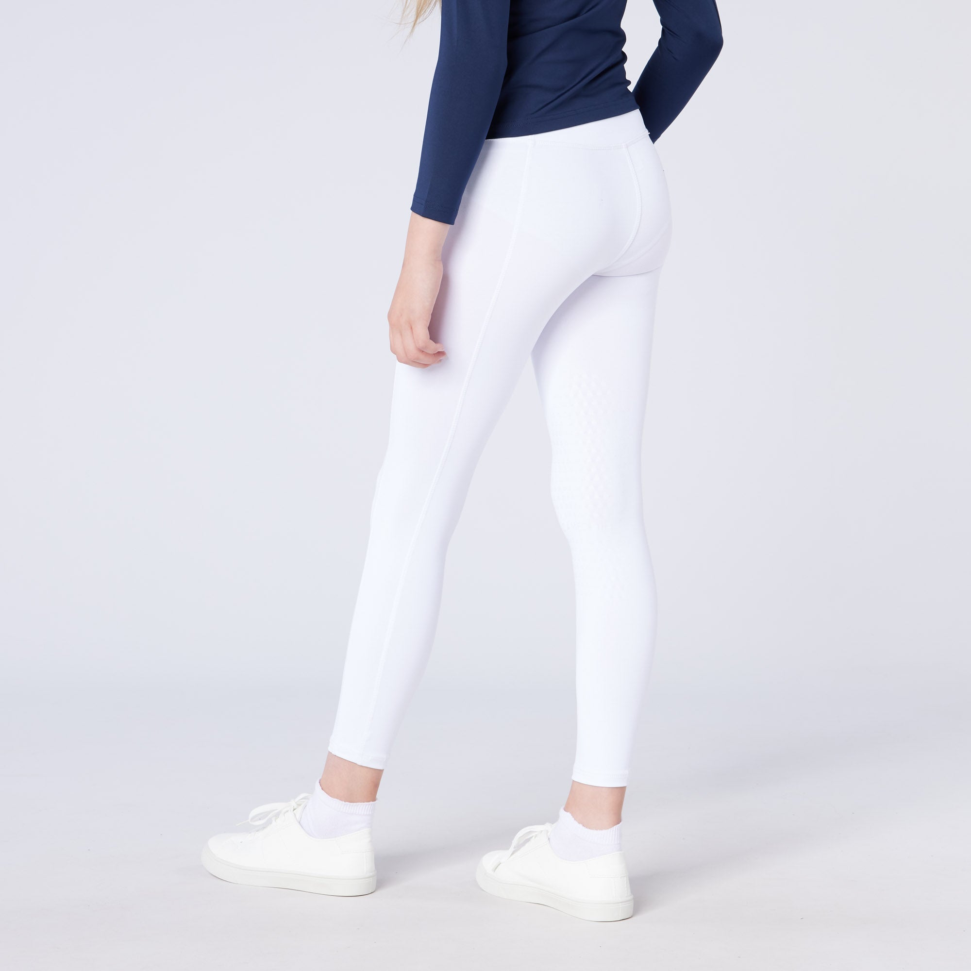 Junior Girl in White Riding Tights - Equestrian Apparel, CameoTech Fabric, CameoGrip Knee, Phone Pocket