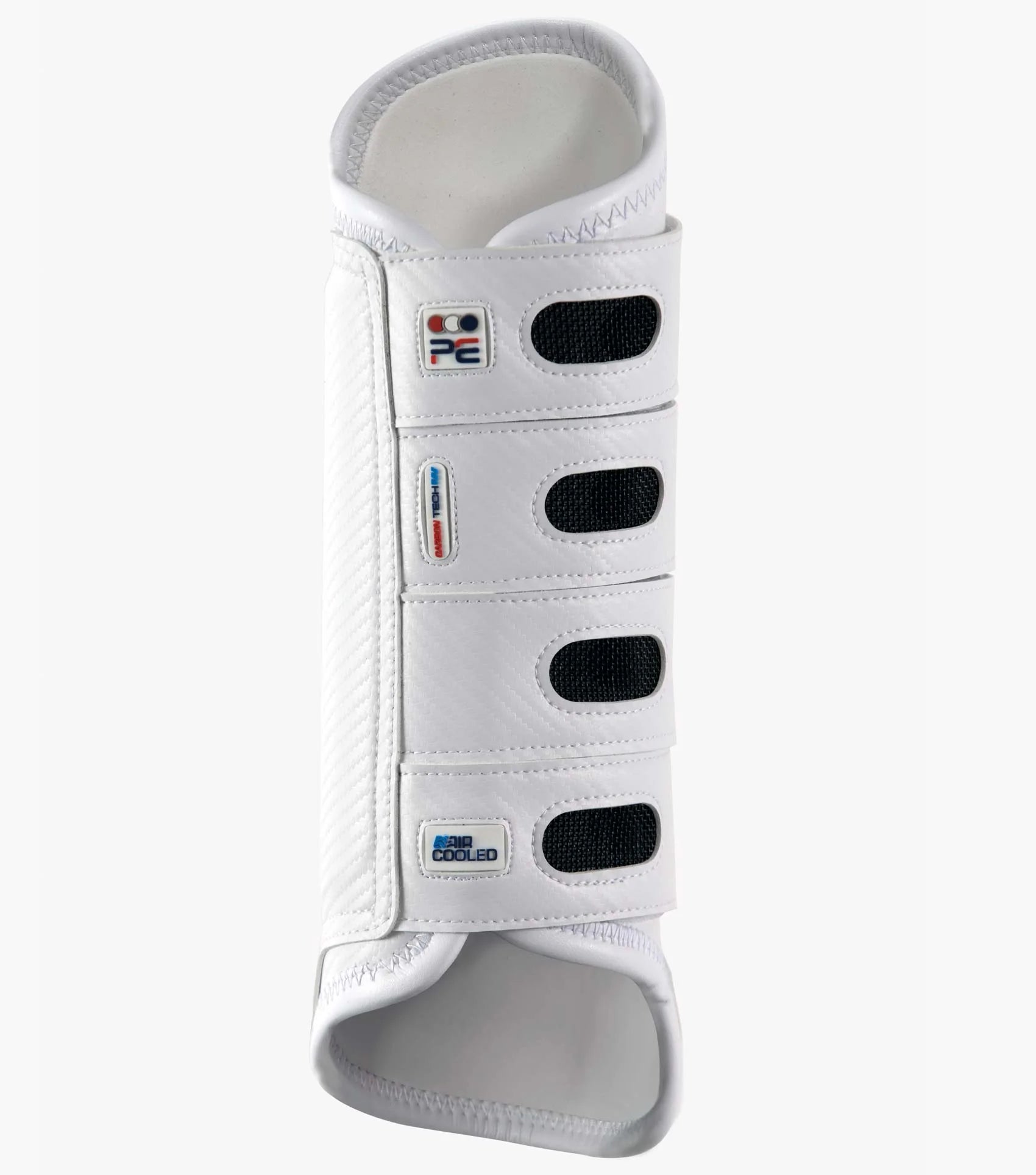 Premier Equine Carbon Tech Air Cooled Eventing Boots - White Hind. Horse riding leg protection.