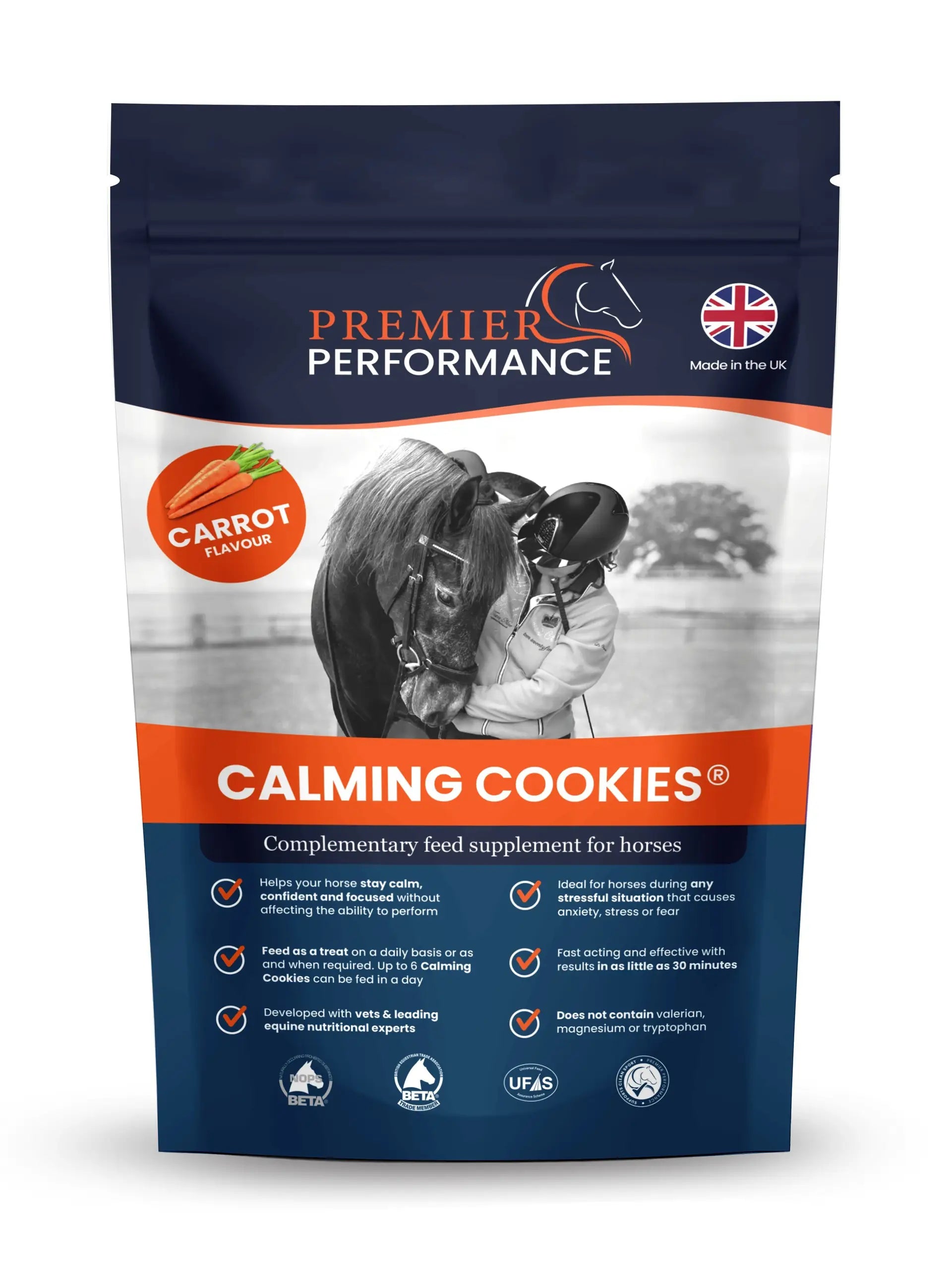 Premier Performance Calming Cookies for Horses - Carrot Flavor, Made in UK. Horse Supplement for Anxiety Relief.