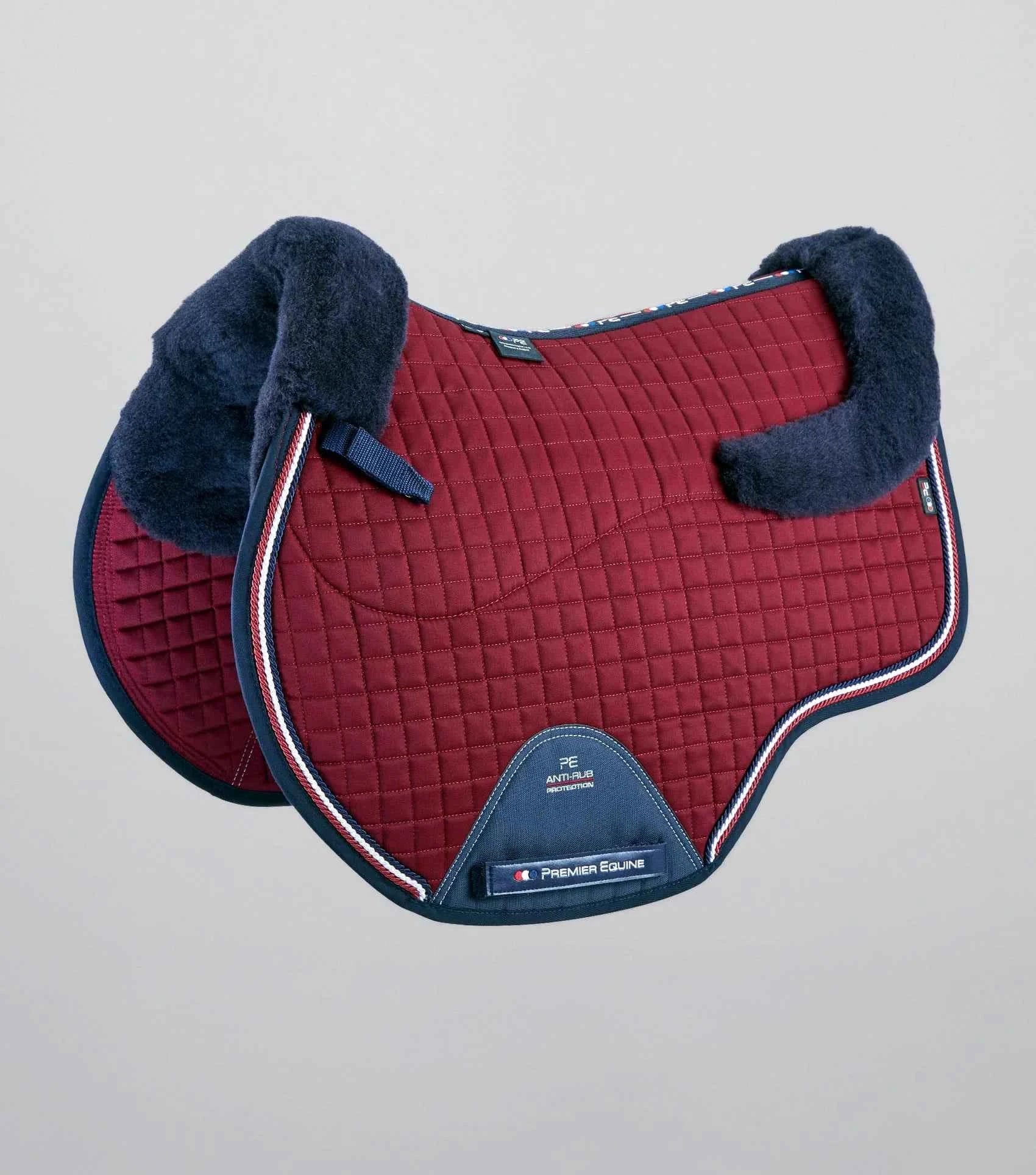 Premier Equine Close Contact Merino Wool European Saddle Pad - GP/Jump Square Burgundy/Navy Wool