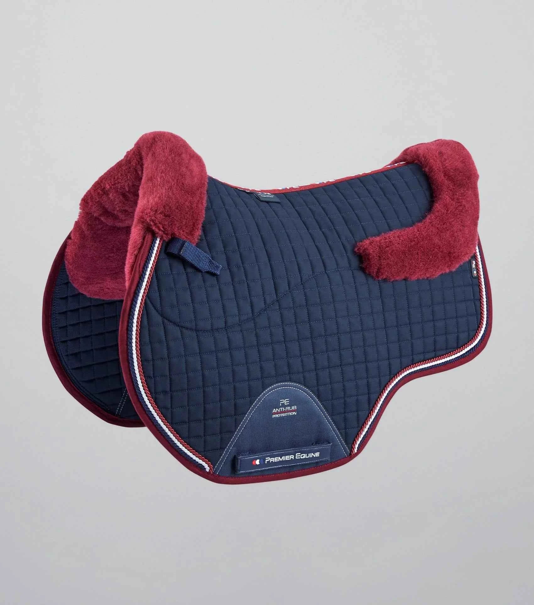 Premier Equine Close Contact Merino Wool European Saddle Pad - GP/Jump Square Navy/Burgundy Wool
