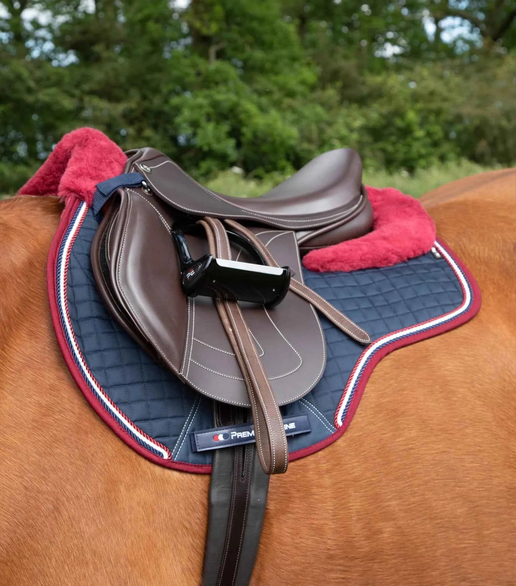 Premier Equine Close Contact Merino Wool European Saddle Pad - GP/Jump Square Navy/Burgundy Wool