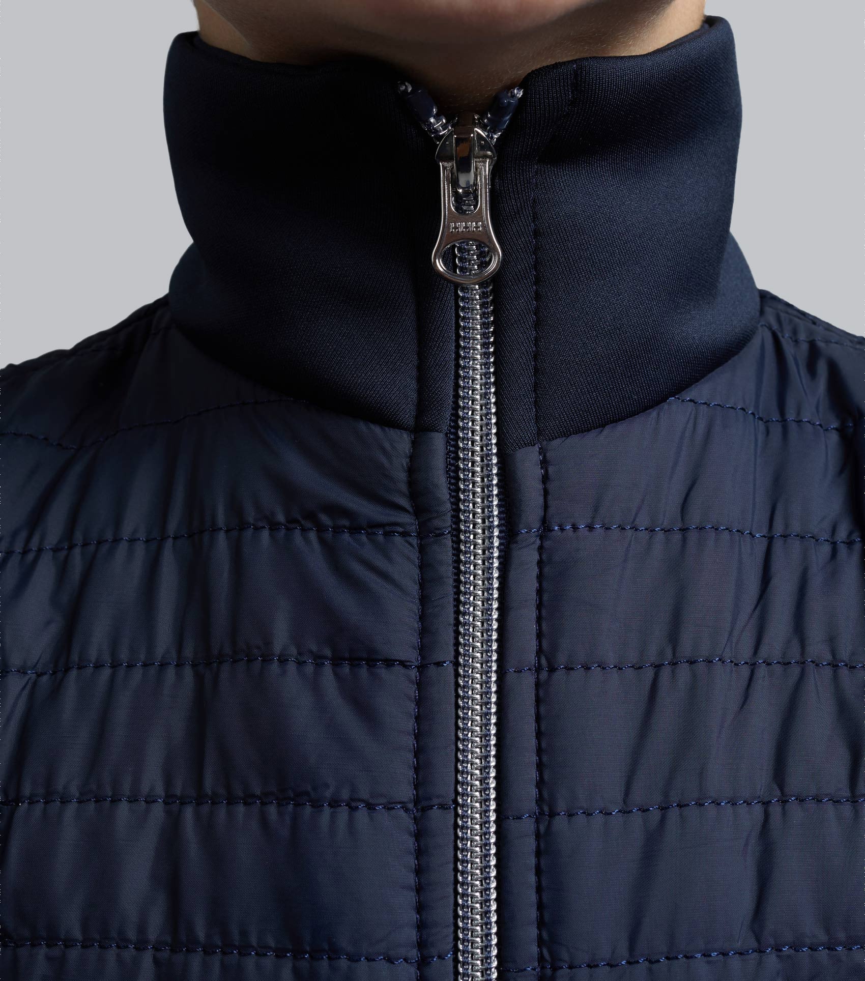 Premier Equine Girl's Navy Riding Jacket: Quilted Hybrid Equestrian Vest Jacket with YKK Zip - Close-up