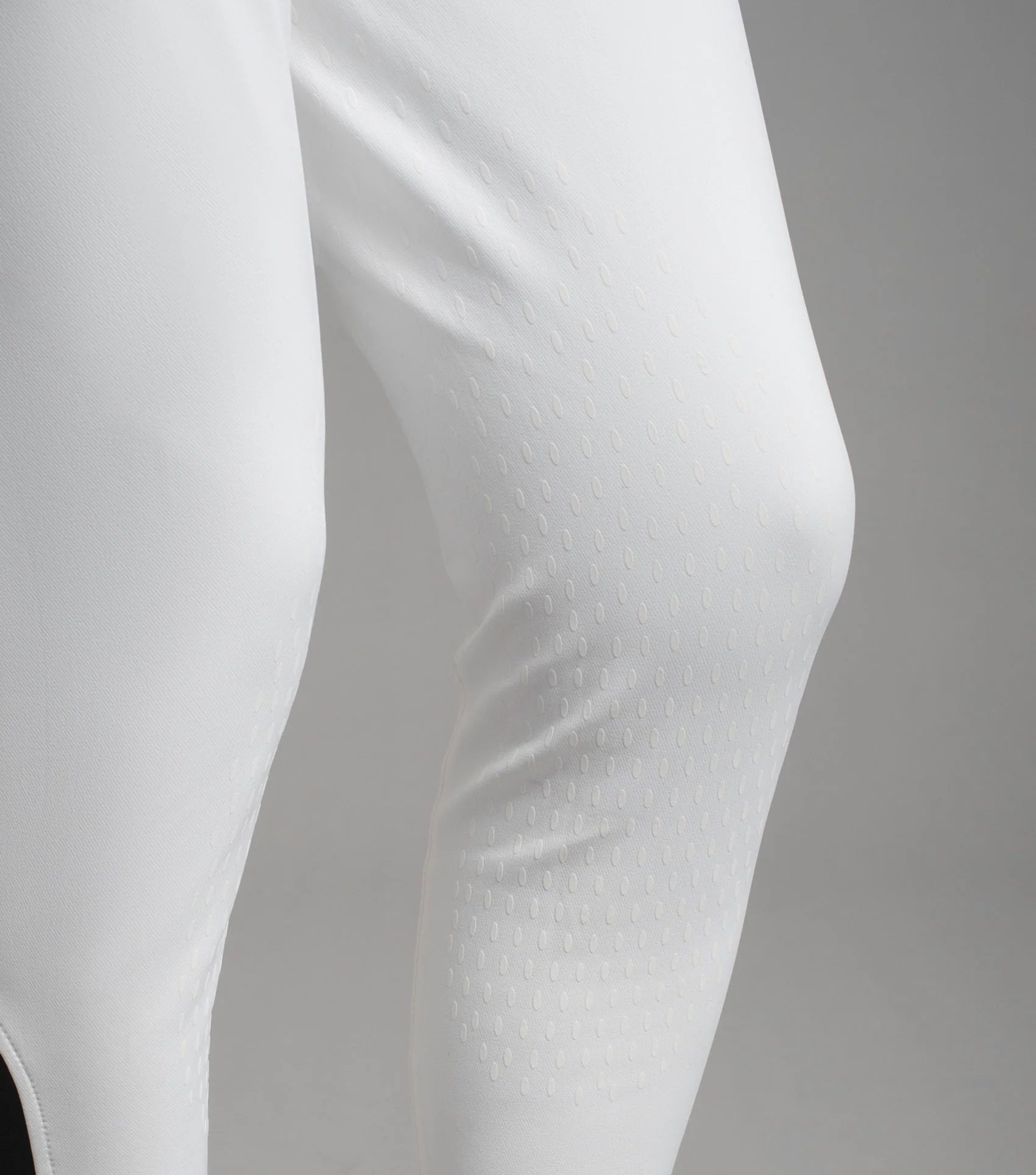 Premier Equine Emilio Men's White Gel Knee Competition Breeches - Close Up View of Leg and Knee Fabric. High Quality Riding Apparel