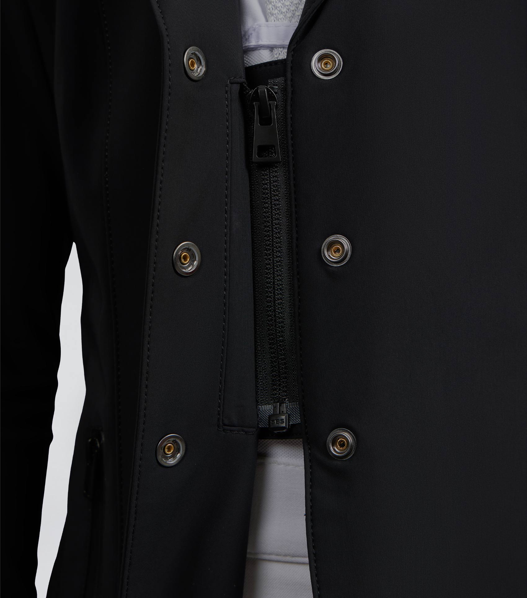 Premier Equine Evinco Girls Black Equestrian Competition Jacket Details: Zipper and Buttons