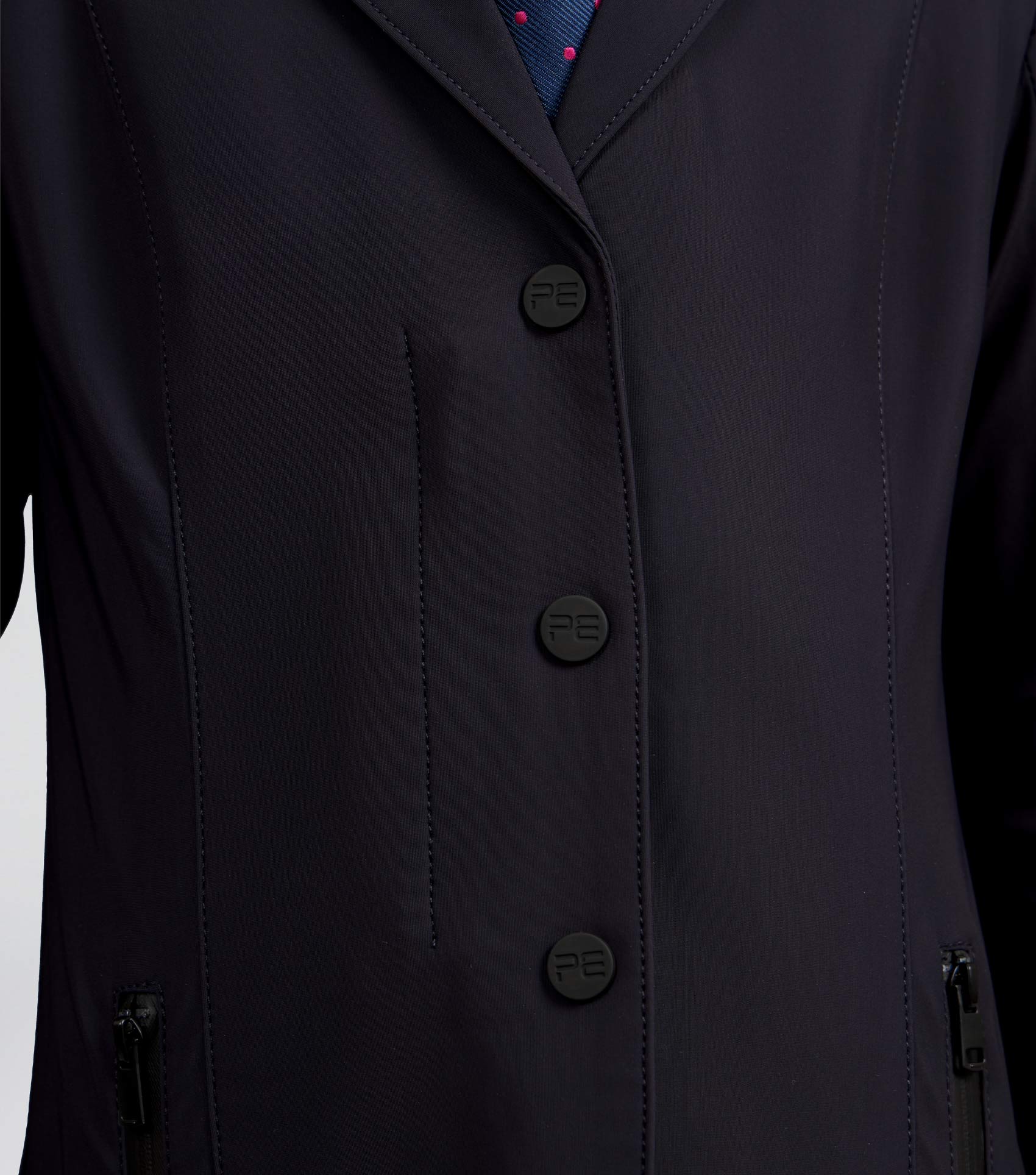 Premier Equine Evinco Girls Navy Equestrian Competition Jacket - Close Up Details: Buttons, Zippers, Show Apparel