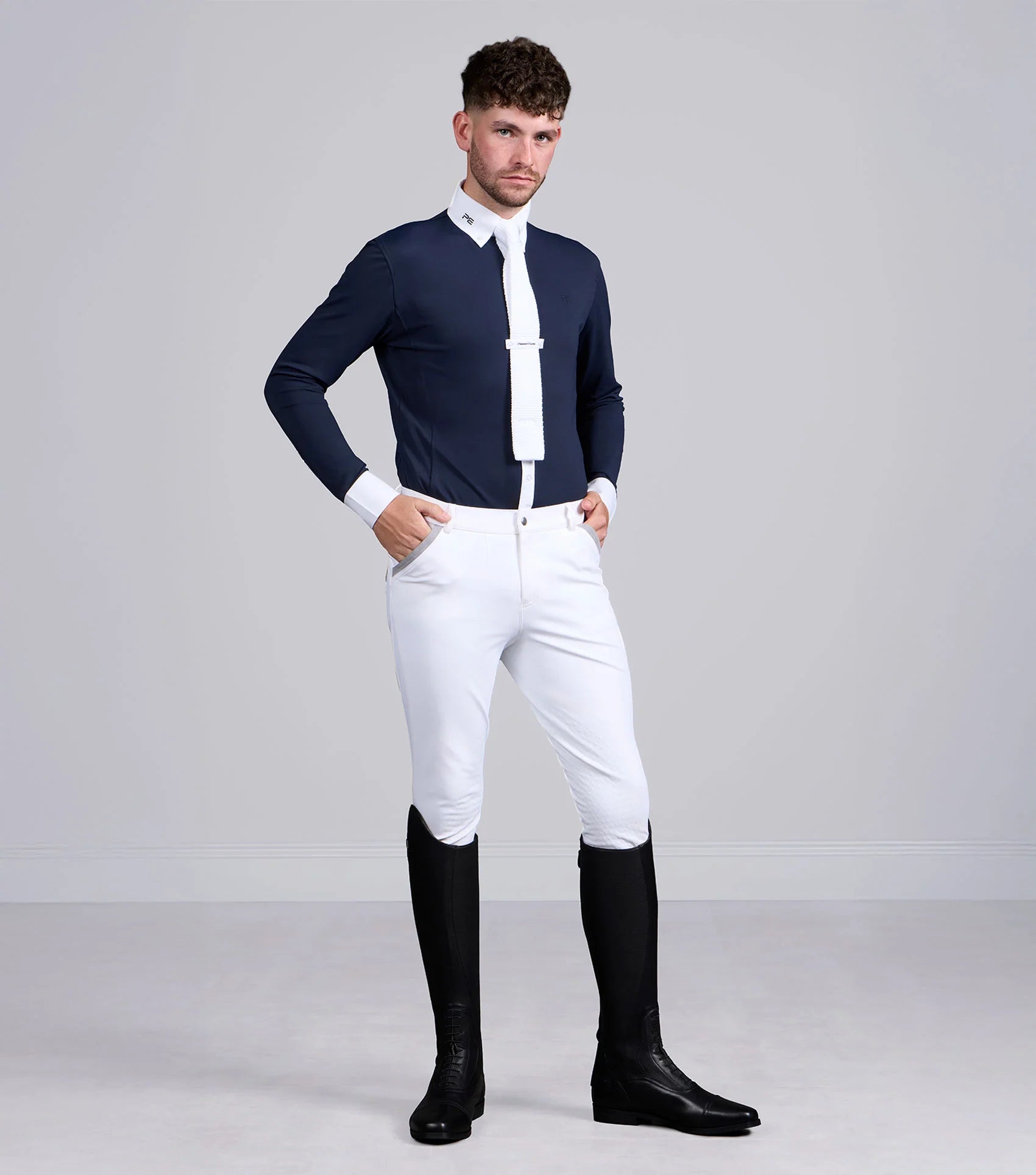 Premier Equine Giulio Navy Men's Show Shirt, equestrian competition riding apparel, long sleeve, tie shirt, white breeches, black boots
