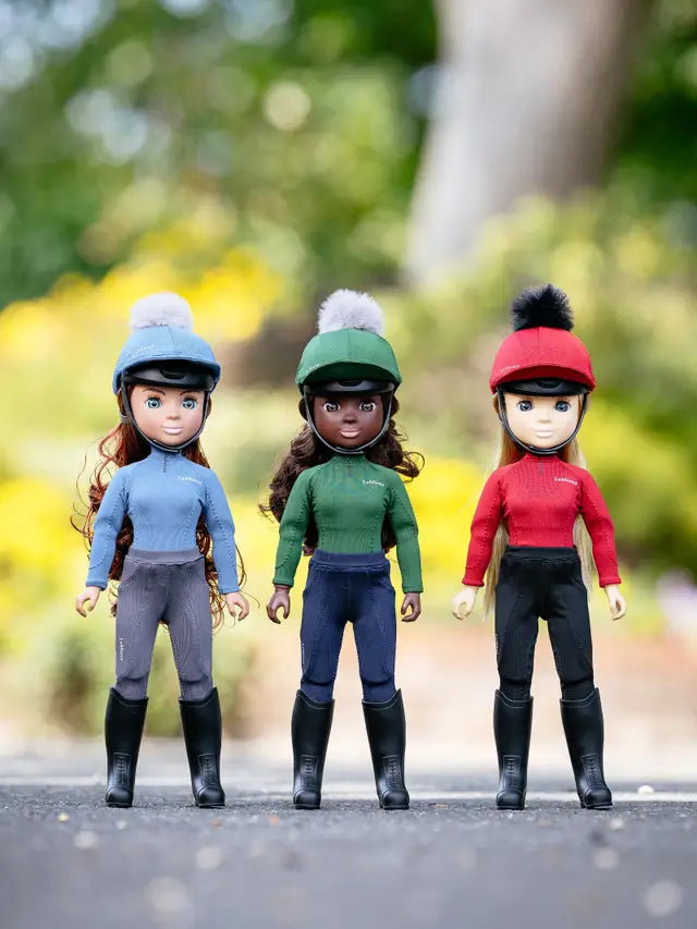 LeMieux Toy Rider Equestrian Dolls: Olivia, brunette hair, Ice Blue Riding Outfit, Equiflair Saddlery riding dolls