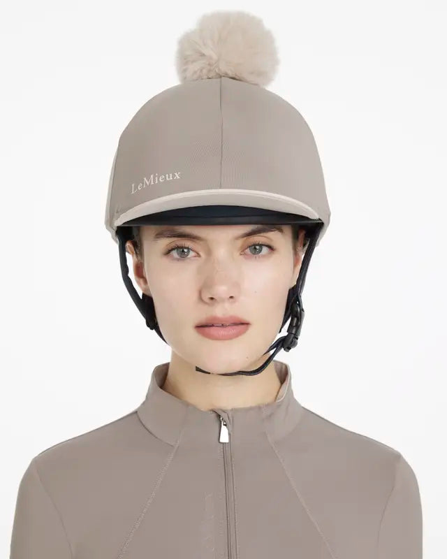 Lemieux Equestrian Helmet Cover - Pecan/Stone Pom Hat Silk for Horse Riding Safety and Style