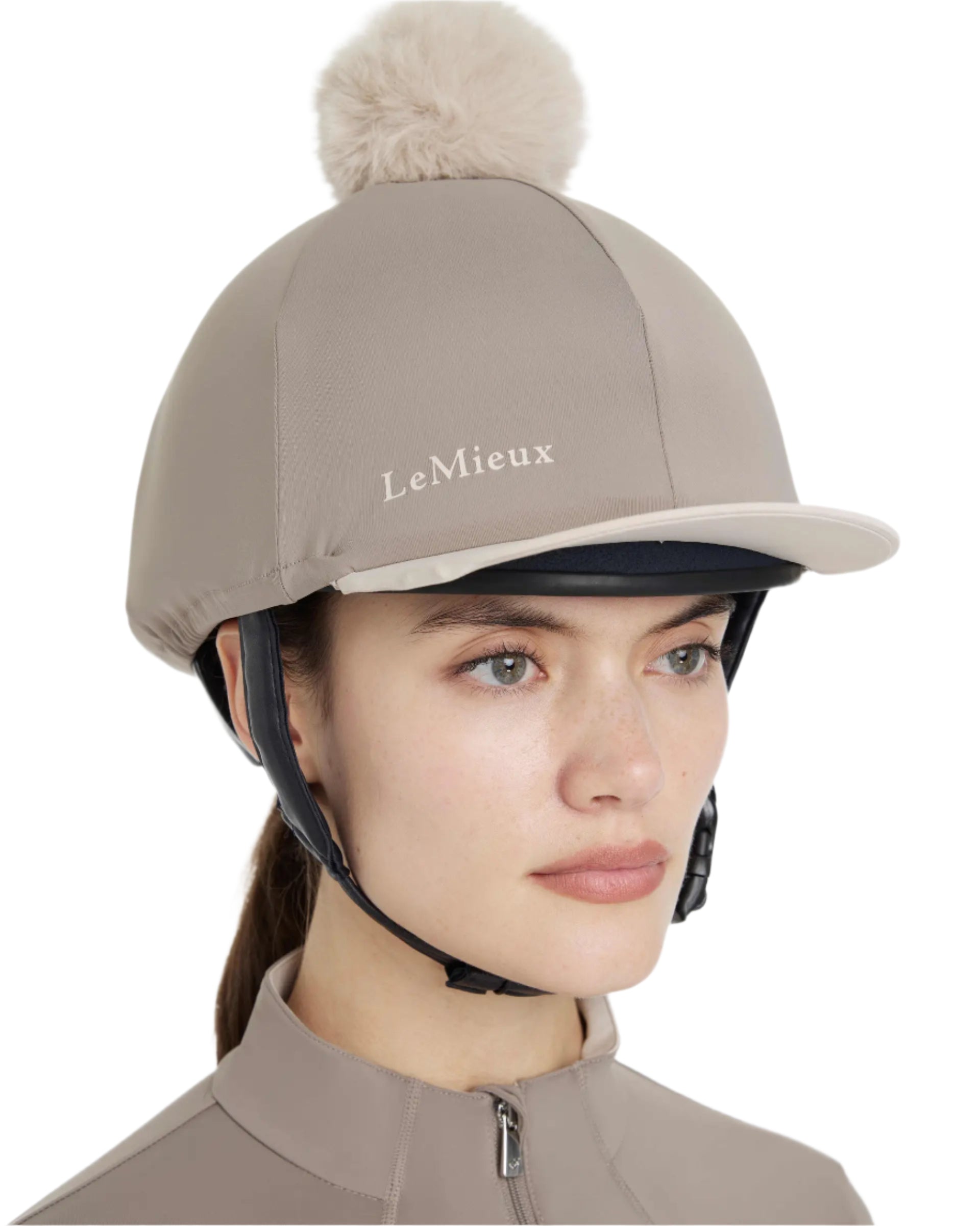 Lemieux Pecan/Stone Riding Helmet Silk with Detachable PomPom | Equiflair Equestrian Headwear