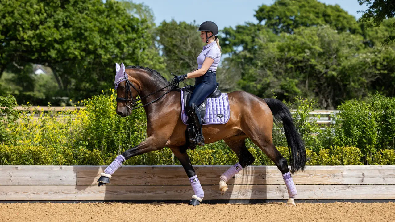 Equestrian: Woman Riding Horse with Lemieux Loire Polo Bandages Wisteria, Saddle Pad & Fly Hood - Equiflair