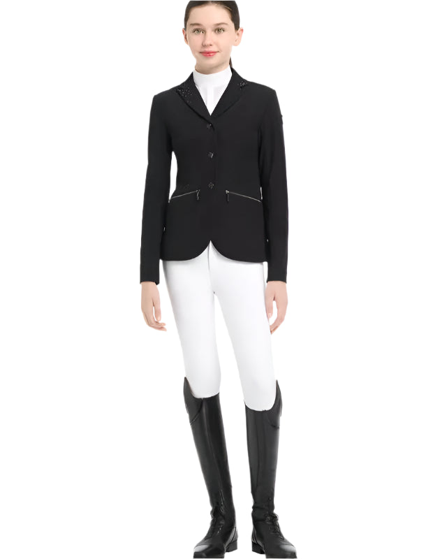 LeMieux Junior Pro Show Jacket Black: Equestrian Competition Apparel by Equiflair. Classic riding jacket with crystal accents.