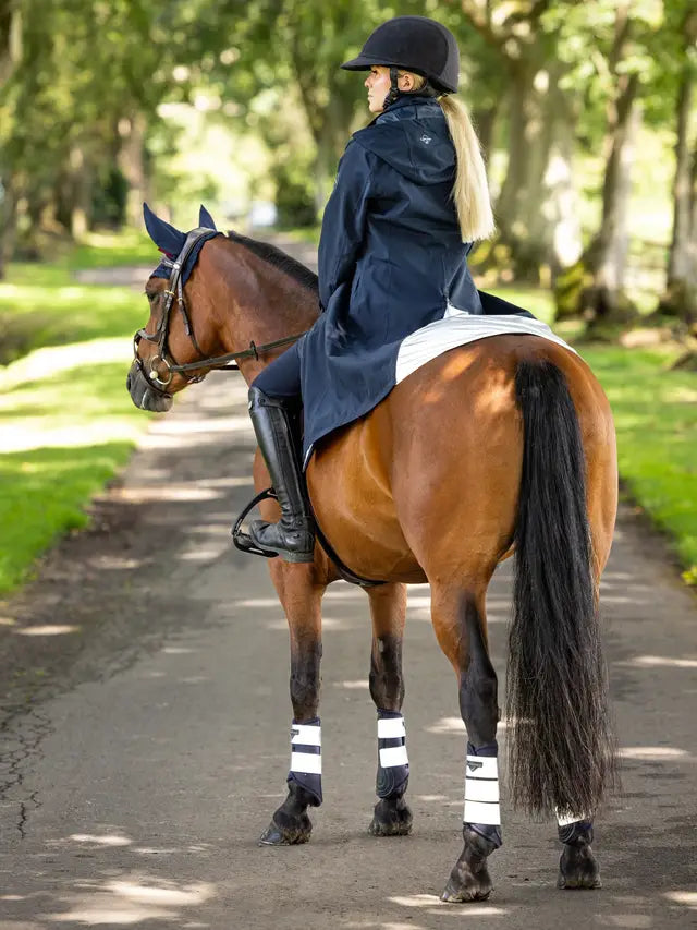 LEMIEUX Waterproof Riding Coat Navy: Horse and Rider in Equestrian Apparel, Waterproof, reflective features.