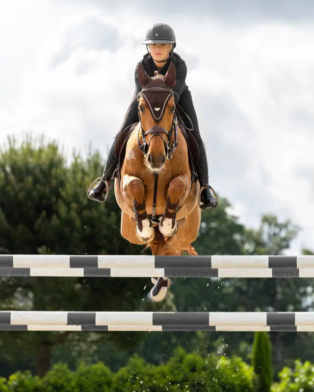 Horse jumping over jump wearing a LEMIEUX PUISSANCE FLY HOOD BROWN. Equestrian sport.