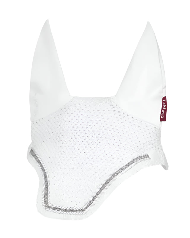 Lemieux Crystal Fly Hood - White. Horse fly veil with crystal detailing for showing and competition. Elegant equine ear net.