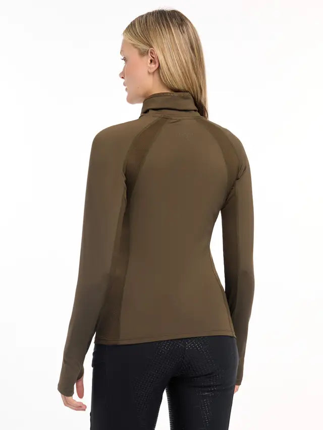 LEMIEUX SARA SNOOD ALPINE Base Layer: Woman's Back View in Olive Green Activewear with Neck Coverage & Breathable Mesh Details