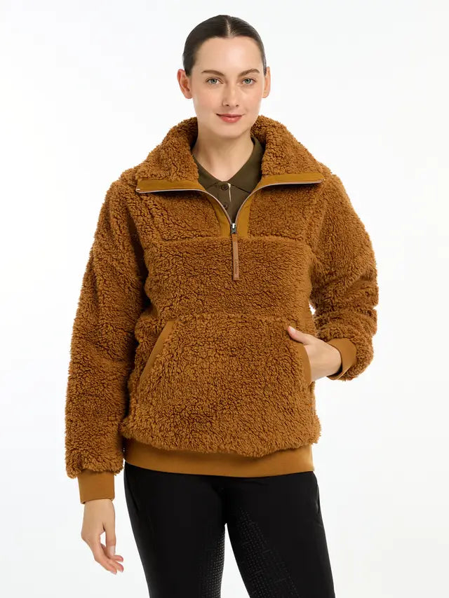 LEMIEUX TARA TEDDY FLEECE GINGER, Super soft, cosy women's fleece pullover with quarter zip, oversized collar, and side pockets.