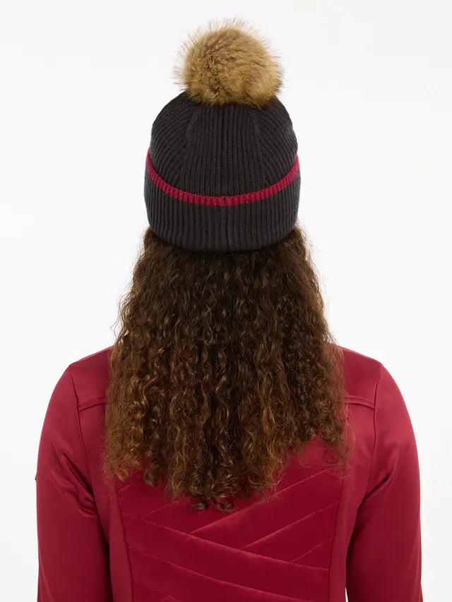 LeMieux Clara Cable Beanie in Cinder: Knitted winter hat with pom-pom, red stripe, perfect for cold weather.