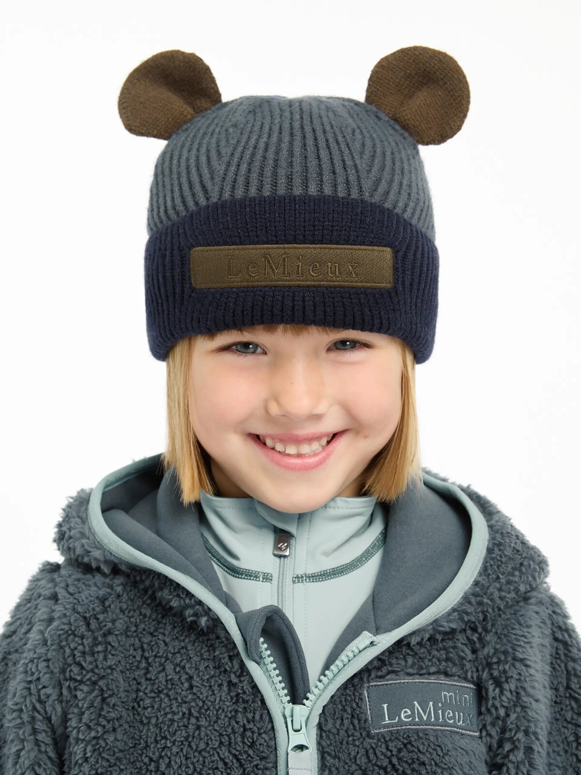 LeMieux Mini Bear Beanie Petrol: Cute kids' knit hat with bear ears, faux fur lining. Warm & stylish winter headwear for children.