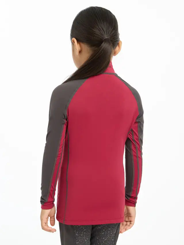 LEMIEUX MINI BASE LAYER EMBER: Child's equestrian apparel, long sleeve riding base layer, red and grey.
