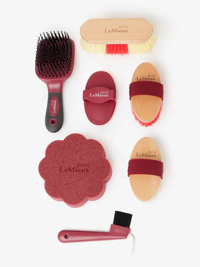 LEMIEUX Mini Grooming Set Red - Horse grooming kit with brushes, sponge, hoof pick