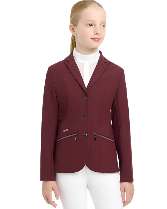 LeMieux Junior Pro Show Jacket Burgundy - Elegant equestrian riding jacket with crystal details for young riders, available at Equiflair
