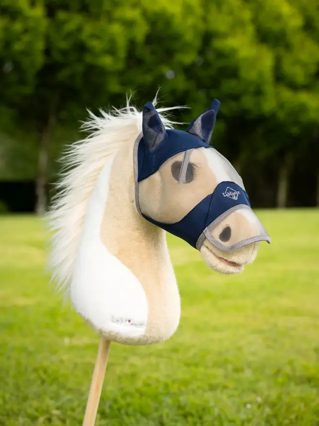 LeMieux Hobby Horse Fly Mask Navy by Equiflair. Toy horse wearing fly protection.