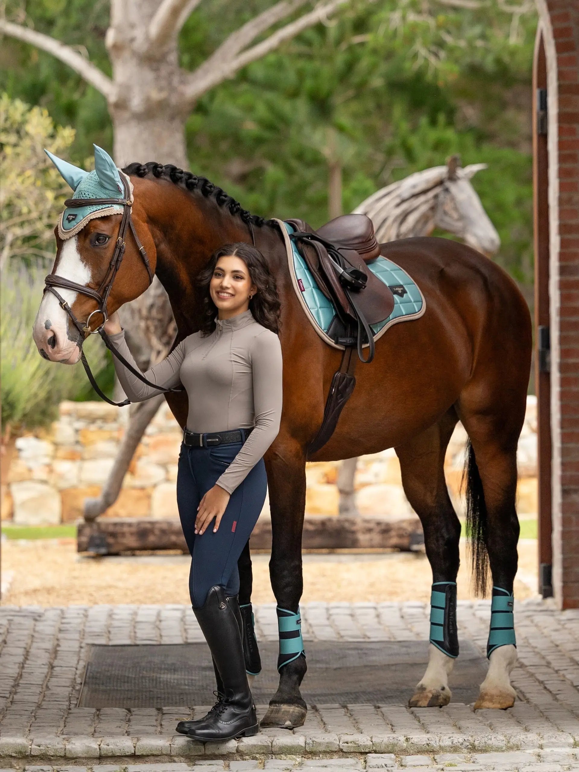 Woman and Horse with LEMIEUX LOIRE Aqua Saddle Pad & Equestrian Gear - Equiflair