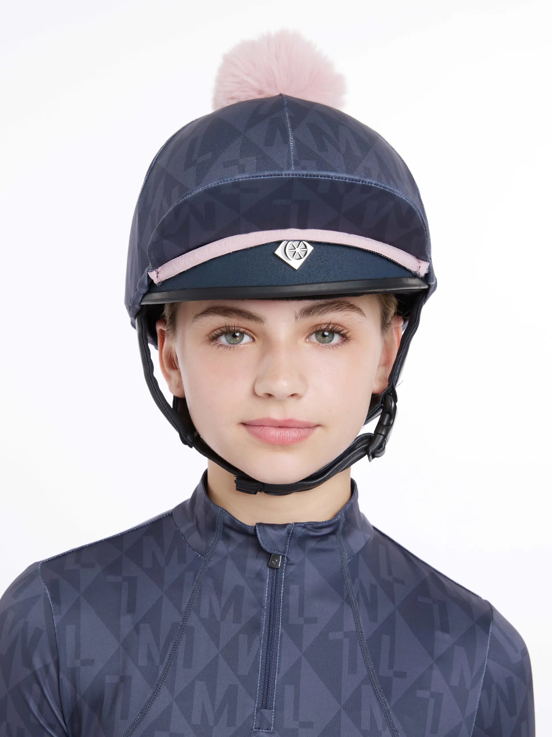 LeMieux Clea Dusk Blue Equestrian Hat Silk with Diamond Monogram and Pink Pom Pom - Horse Riding Helmet Cover